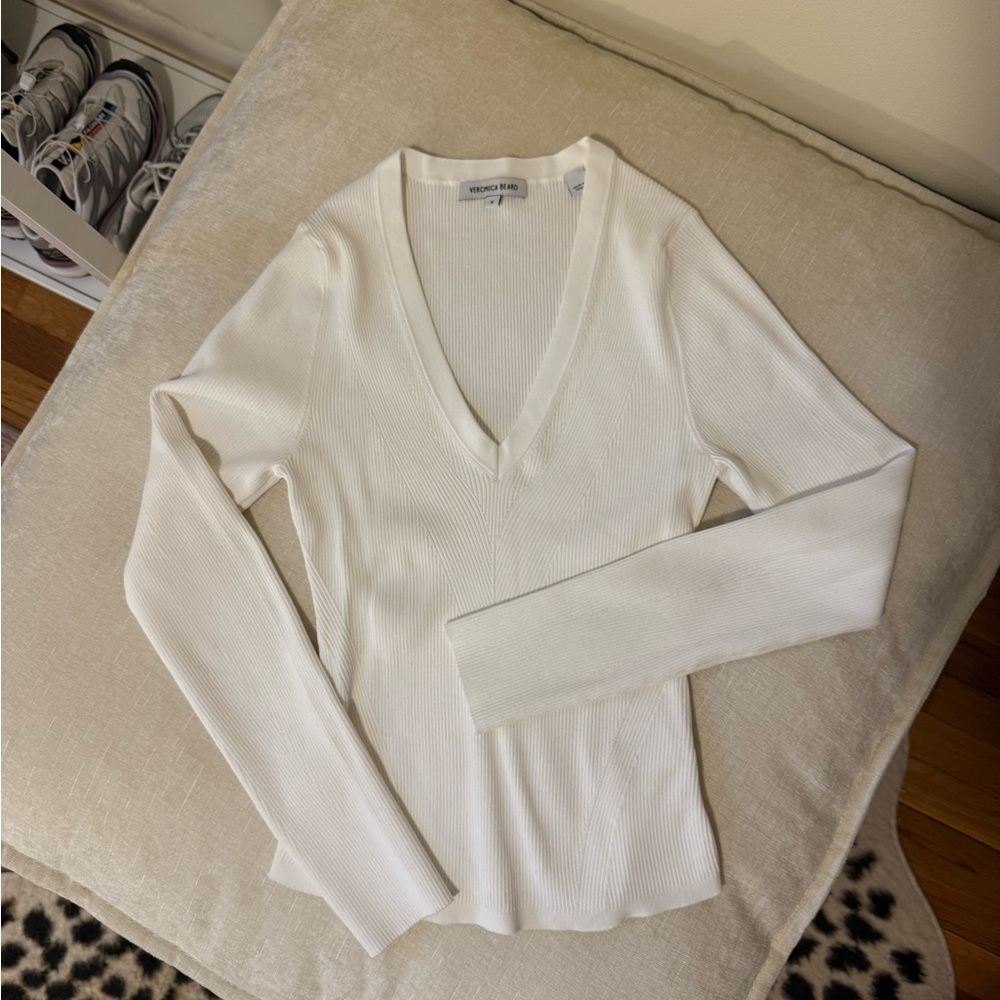 Veronica Beard Callie Ribbed-Knit V-Neck Sweater White